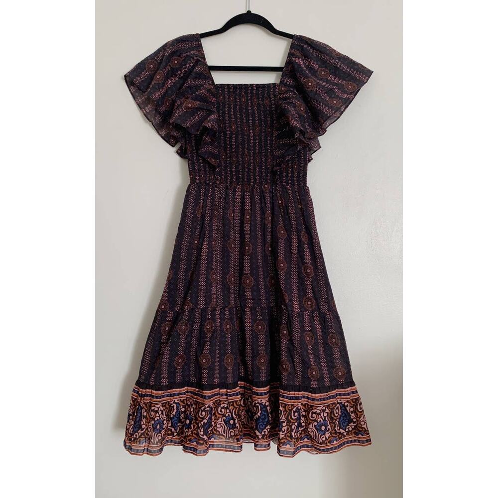 Soleil Floral Midnight Figue Estella Cotton Square Neck Mini Dress XS